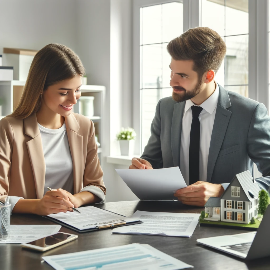 A professional real estate consultation showing a buyer and a Gold Peach Realty agent discussing the home buying process