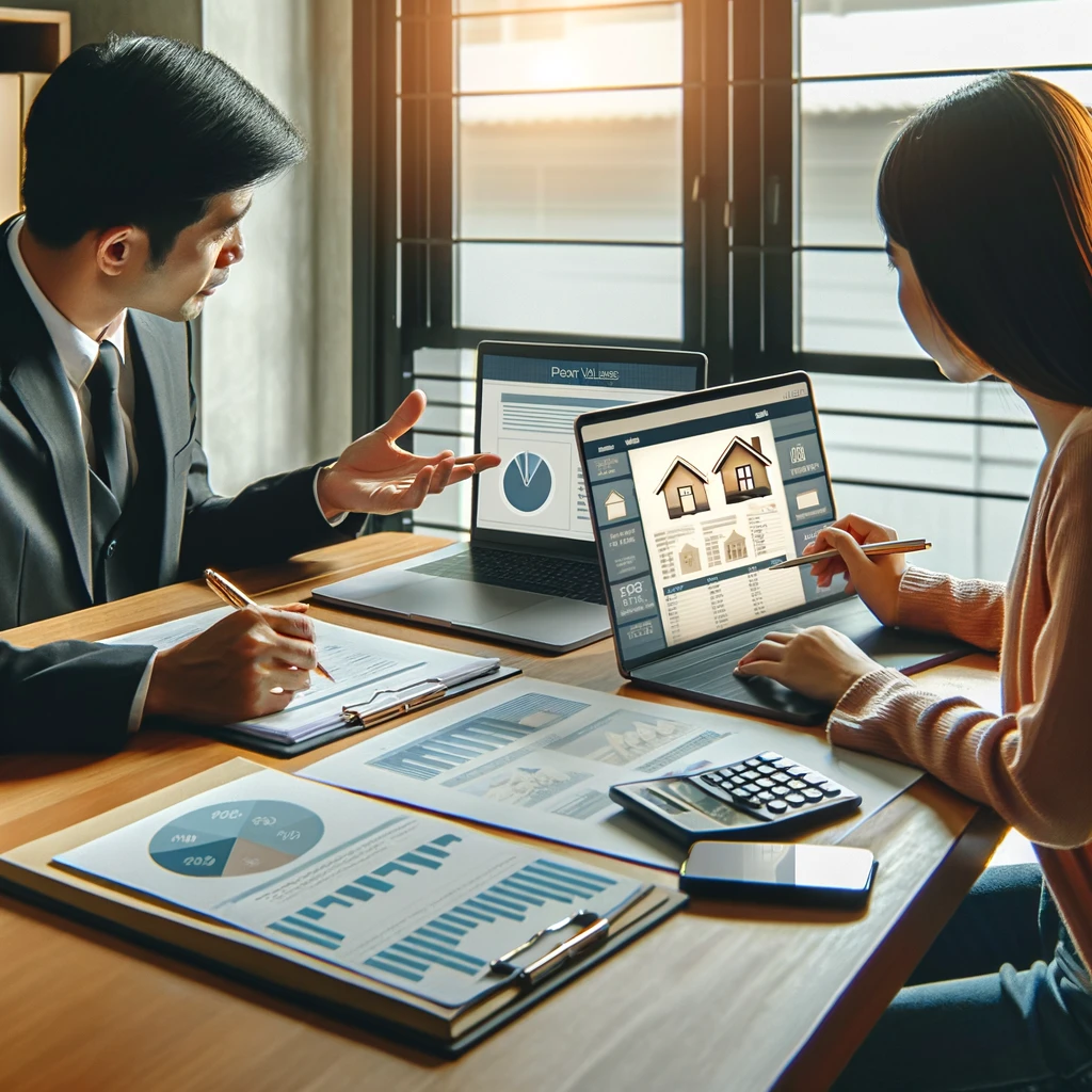 A professional consultation in a real estate office, featuring a home buyer and an agent discussing property values