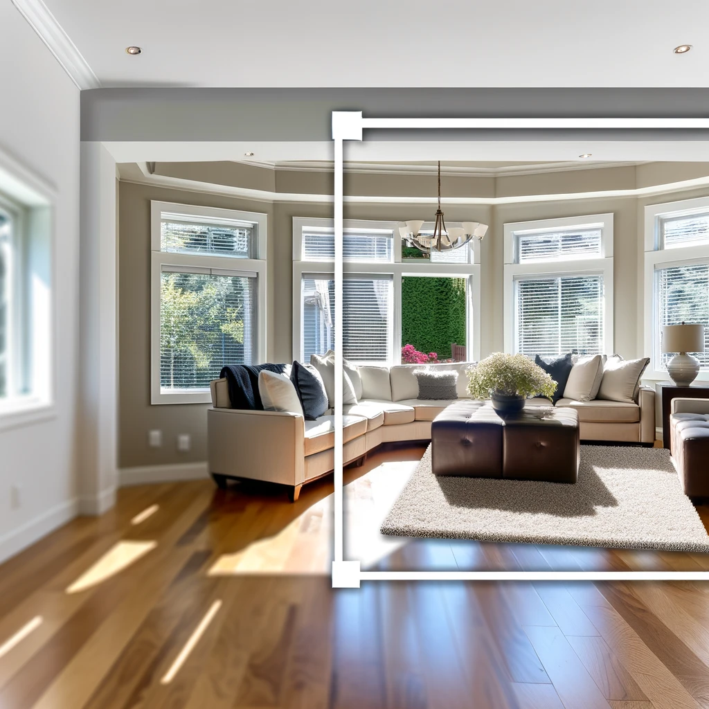 professional real estate photo showcasing a living room with maximum natural light. The room features elegant, modern decor