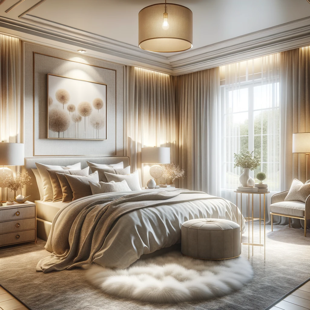 An elegantly staged bedroom that utilizes soft textiles and strategic lighting to create a serene and inviting atmosphere.