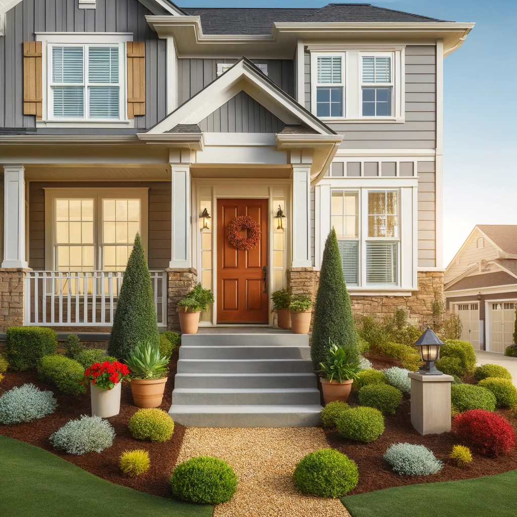 A home exterior makeover showing a freshly painted facade, new landscaping, and a stylish new front door