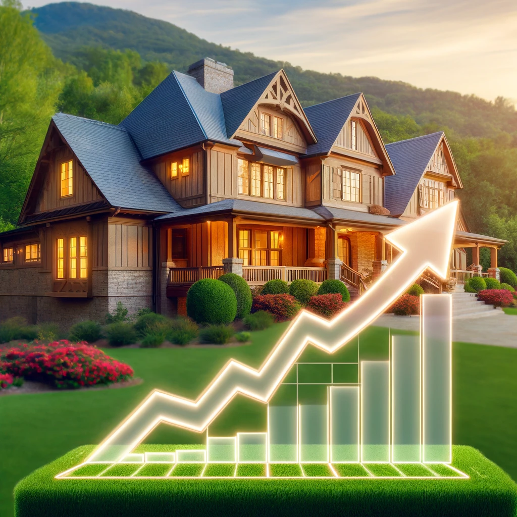 A beautiful North Georgia home with a line graph in the foreground showing an upward trend in home prices