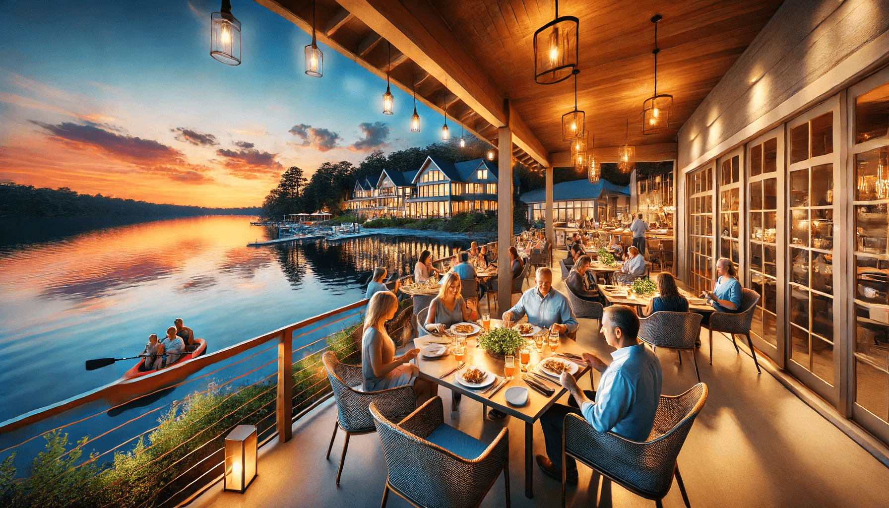 waterfront restaurant at Lake Lanier during the evening