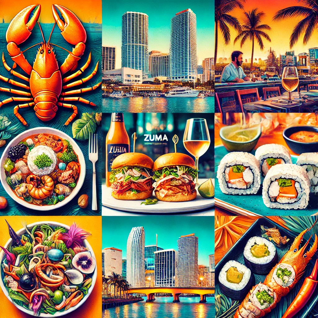 A vibrant image showcasing must-try restaurants in Miami, featuring iconic dishes like stone crab claws from Joe’s Stone Crab, Cuban sandwiches from Versailles, sushi from Zuma, and Peruvian ceviche from La Mar by Gastón Acurio. The image includes elegant dining settings and casual eateries, set against the backdrop of Miami's beautiful skyline and waterfront views, highlighting the diverse culinary scene of the city