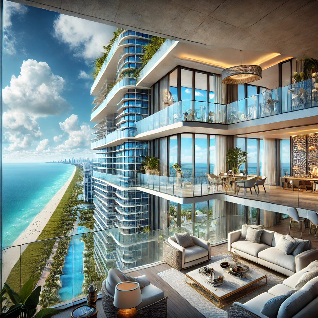 Luxury high-rise condo in Miami with panoramic ocean views, featuring floor-to-ceiling windows, spacious balcony, and modern furnishings. Captures Miami's opulent real estate market, clear blue skies, and stunning beach backdrop. Includes elegant interiors, stylish living room, and high-end amenities. Keywords: Miami luxury condos, high-rise condos in Miami, Miami ocean view condos, Miami real estate, Miami luxury living, Miami homes for sale, Miami beachfront properties.