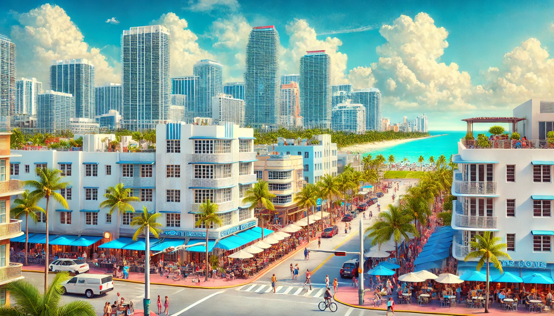 A sunny day in Miami featuring a vibrant cityscape with a mix of modern skyscrapers and Art Deco buildings. The sky is bright blue with a few fluffy white clouds. Palm trees line the streets where people are walking, biking, and dining at outdoor cafes. In the background, there are beautiful Miami beaches with turquoise waters and white sandy shores, capturing the lively and welcoming essence of Miami's tropical, urban lifestyle