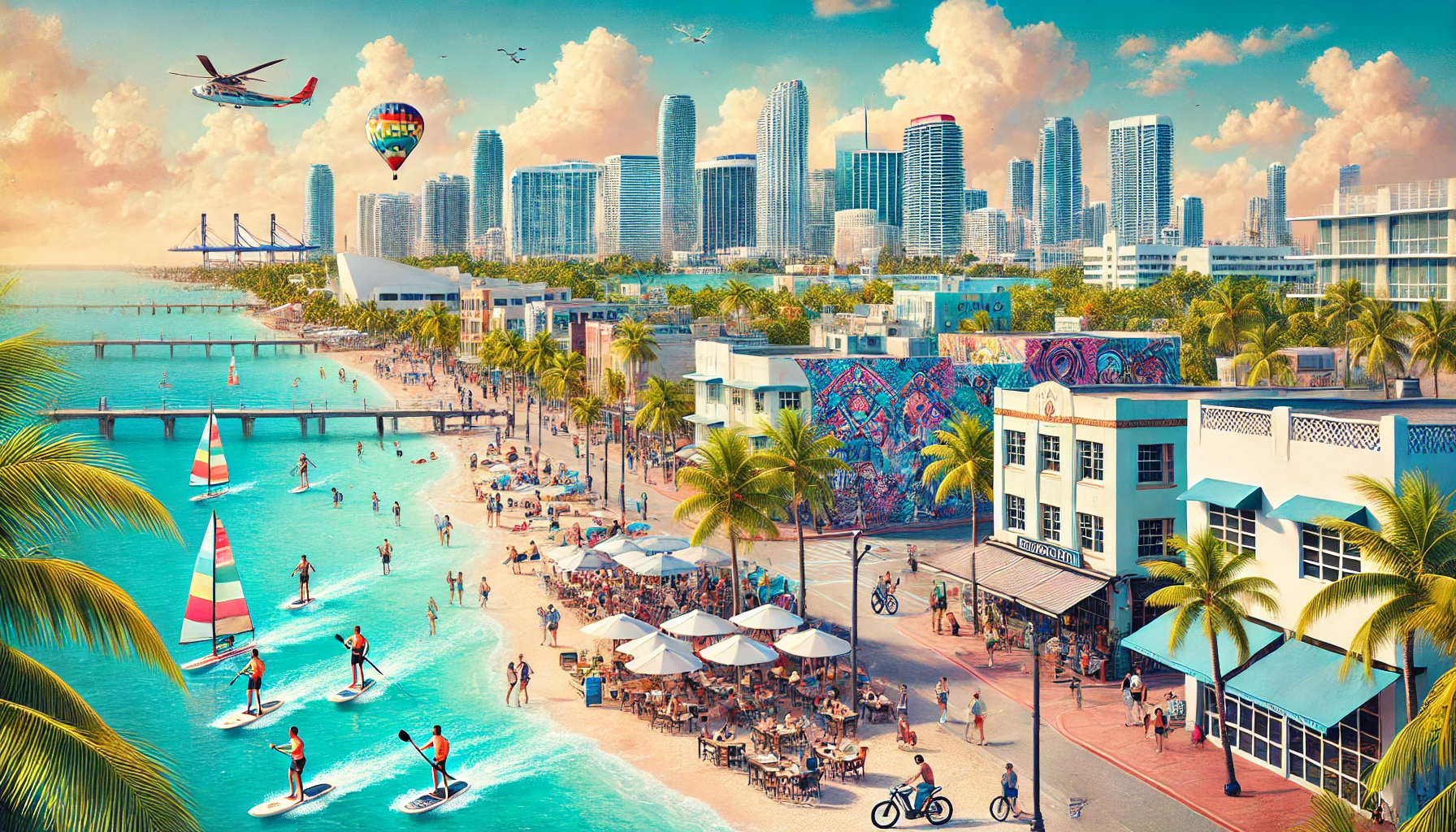 A vibrant scene in Miami showcasing the diverse lifestyle of the city. The image includes a sunny beach with turquoise waters and white sandy shores, with people enjoying water activities like paddleboarding and jet-skiing. In the background, the city skyline with modern skyscrapers and Art Deco buildings is visible. Palm trees line the streets where people are walking, biking, and dining at outdoor cafes. The colorful street murals of the Wynwood Arts District are also depicted, representing Miami's cultural diversity. The overall atmosphere is lively and welcoming, capturing the essence of Miami's tropical, urban lifestyle.