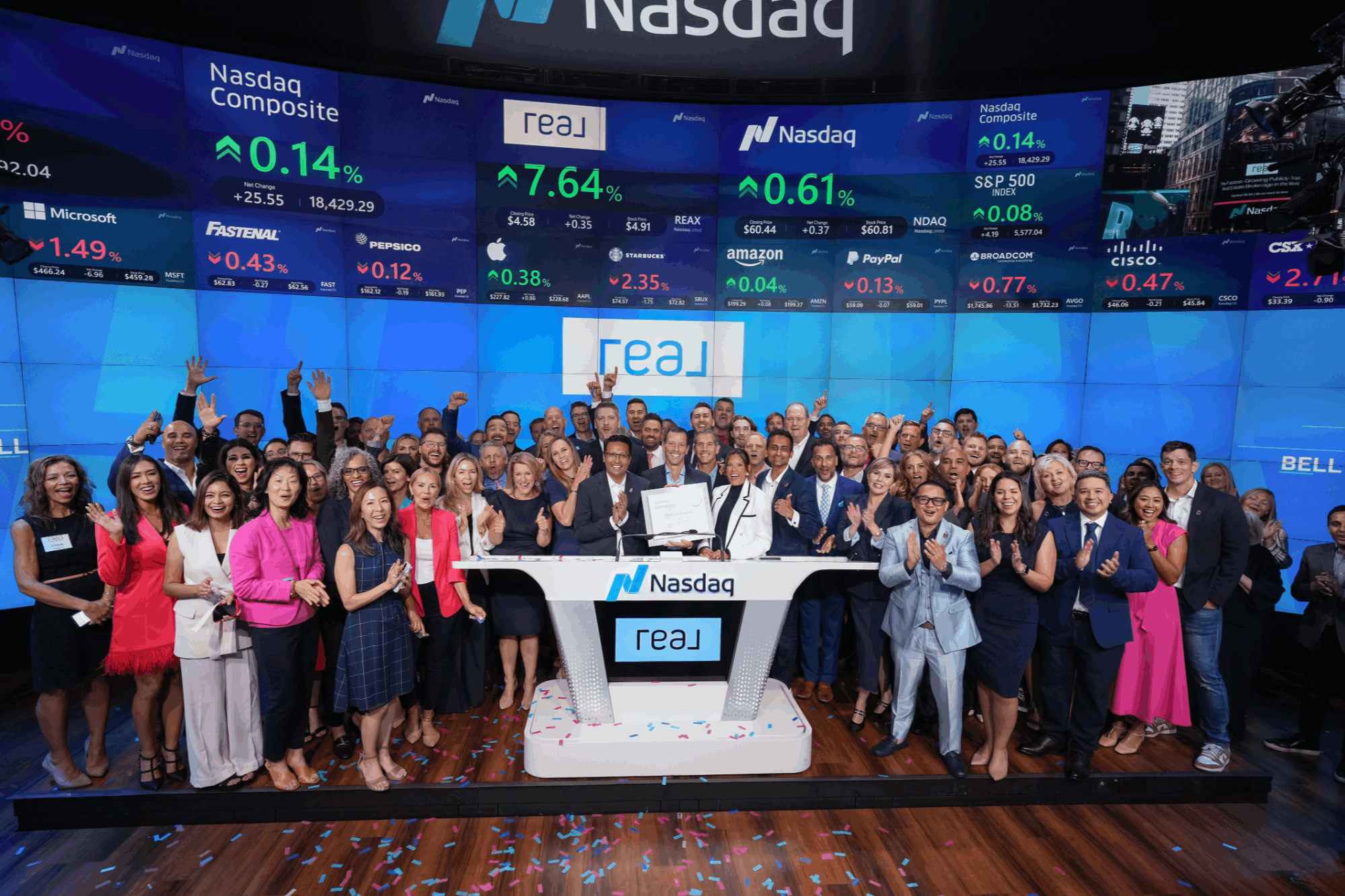 Real Broker team rings the Nasdaq opening bell — July 2024