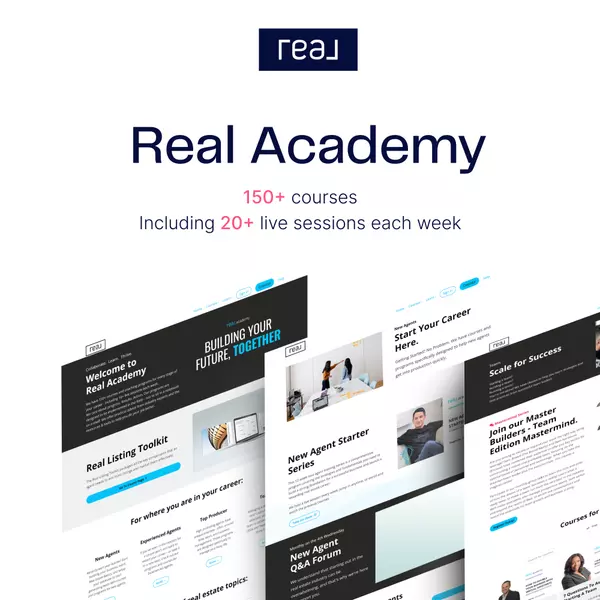 The image showcases Real Academy, an educational platform offered through Real Broker, featuring over 150 courses and more than 20 live sessions each week. The courses cater to real estate professionals at every stage of their careers, from new agents to seasoned producers, providing tools and knowledge to excel in the industry. The platform highlights resources such as the Real Listing Toolkit, new agent starter series, and success scaling courses. Real Academy aims to empower agents with comprehensive training, continuous learning, and live support to help them thrive in their real estate careers.