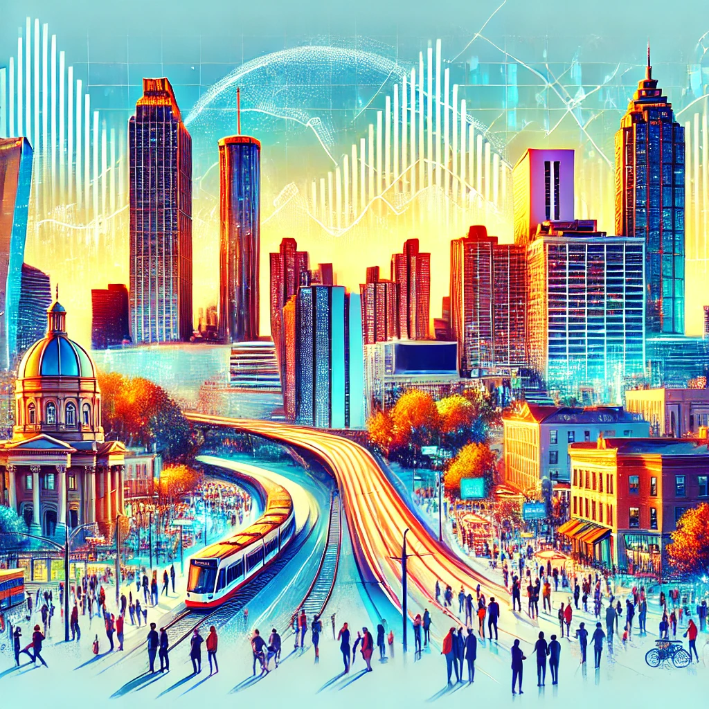 A vibrant depiction of Georgia's robust economy, featuring a modern cityscape of Atlanta with skyscrapers, bustling streets, and iconic landmarks. The