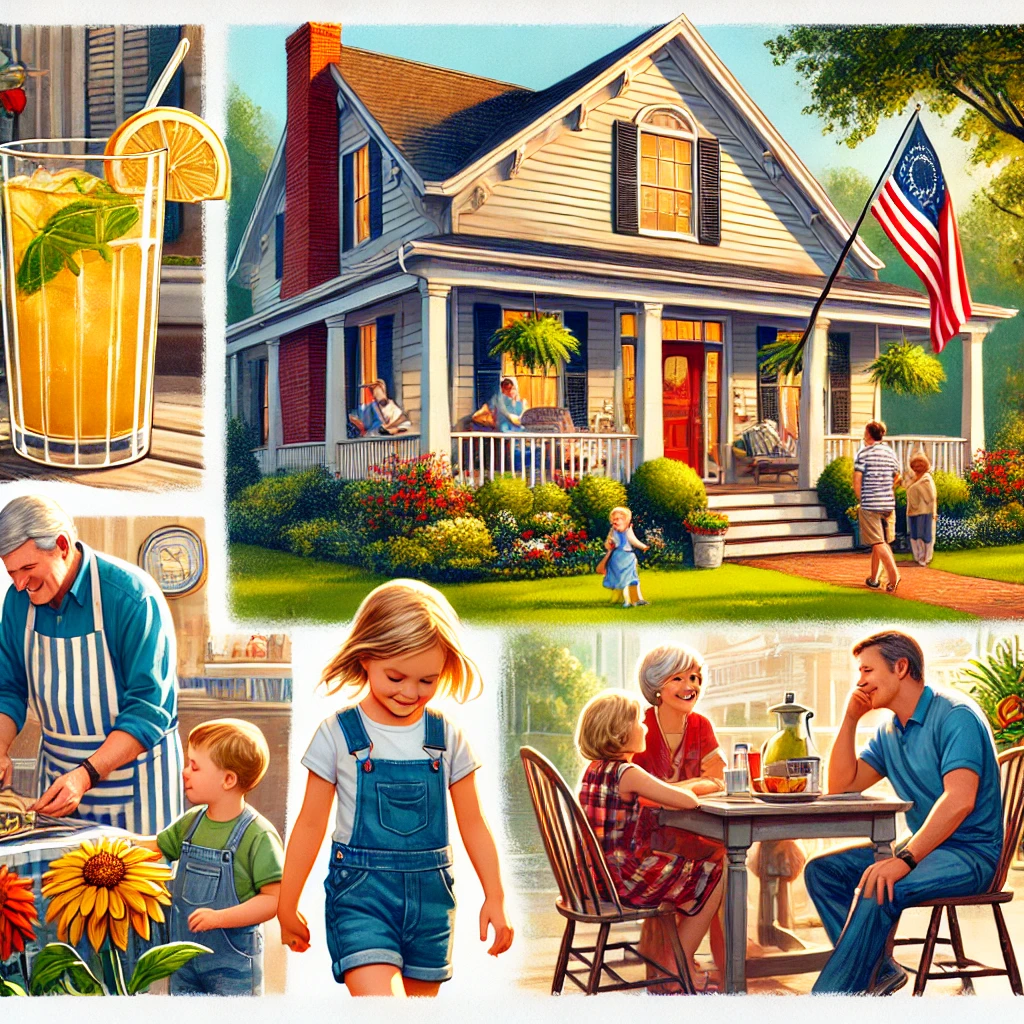  A warm and inviting scene capturing Georgia's Southern hospitality. The image should show a friendly family gathering on a porch, with neighbors chat