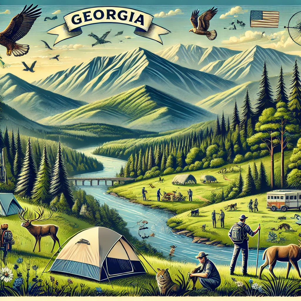 A vibrant depiction of Georgia's robust economy, featuring a modern cityscape of Atlanta with skyscrapers, bustling streets, and iconic landmarks. 