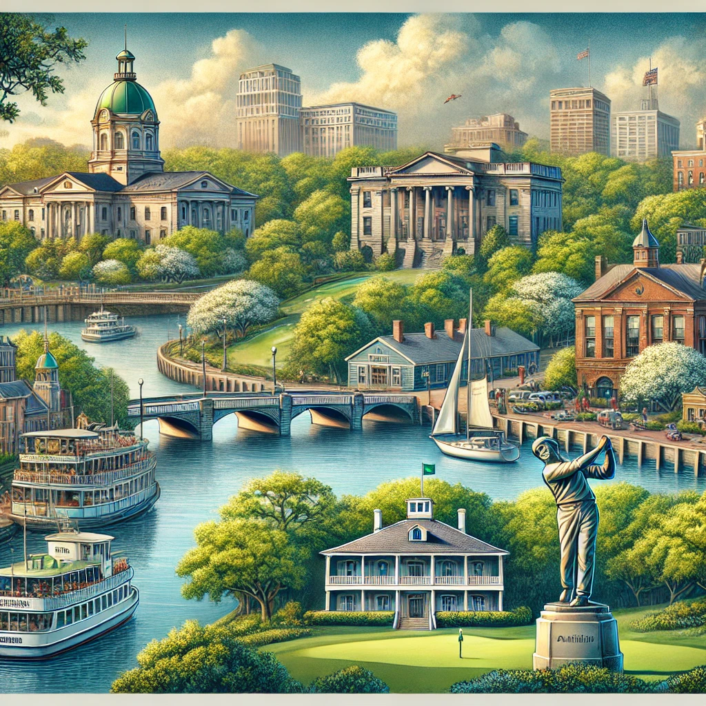 A scenic depiction of Augusta, Georgia, featuring the Savannah River with its riverwalk, lush greenery, and historic downtown area