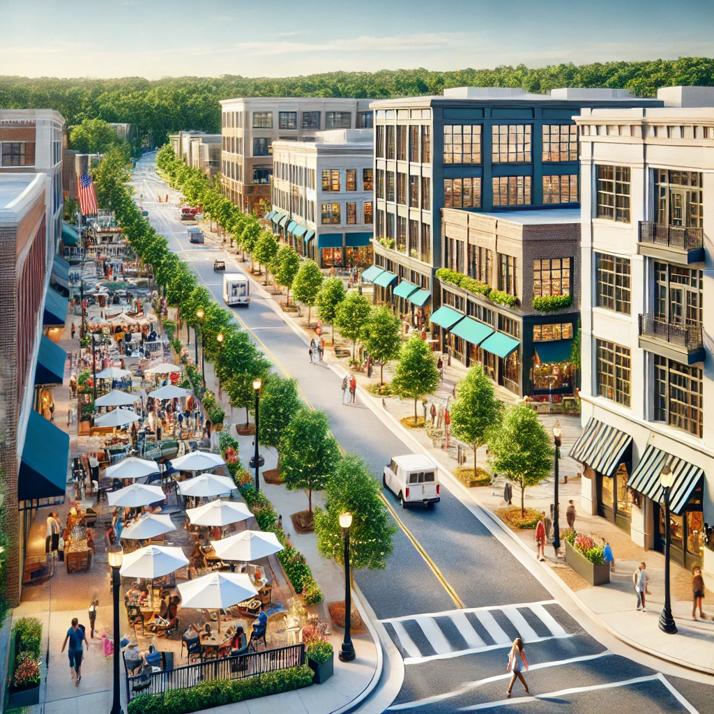  vibrant and bustling downtown Alpharetta, GA, showcasing a mix of modern and historic architecture. The streets are lined with boutique shops, cafes