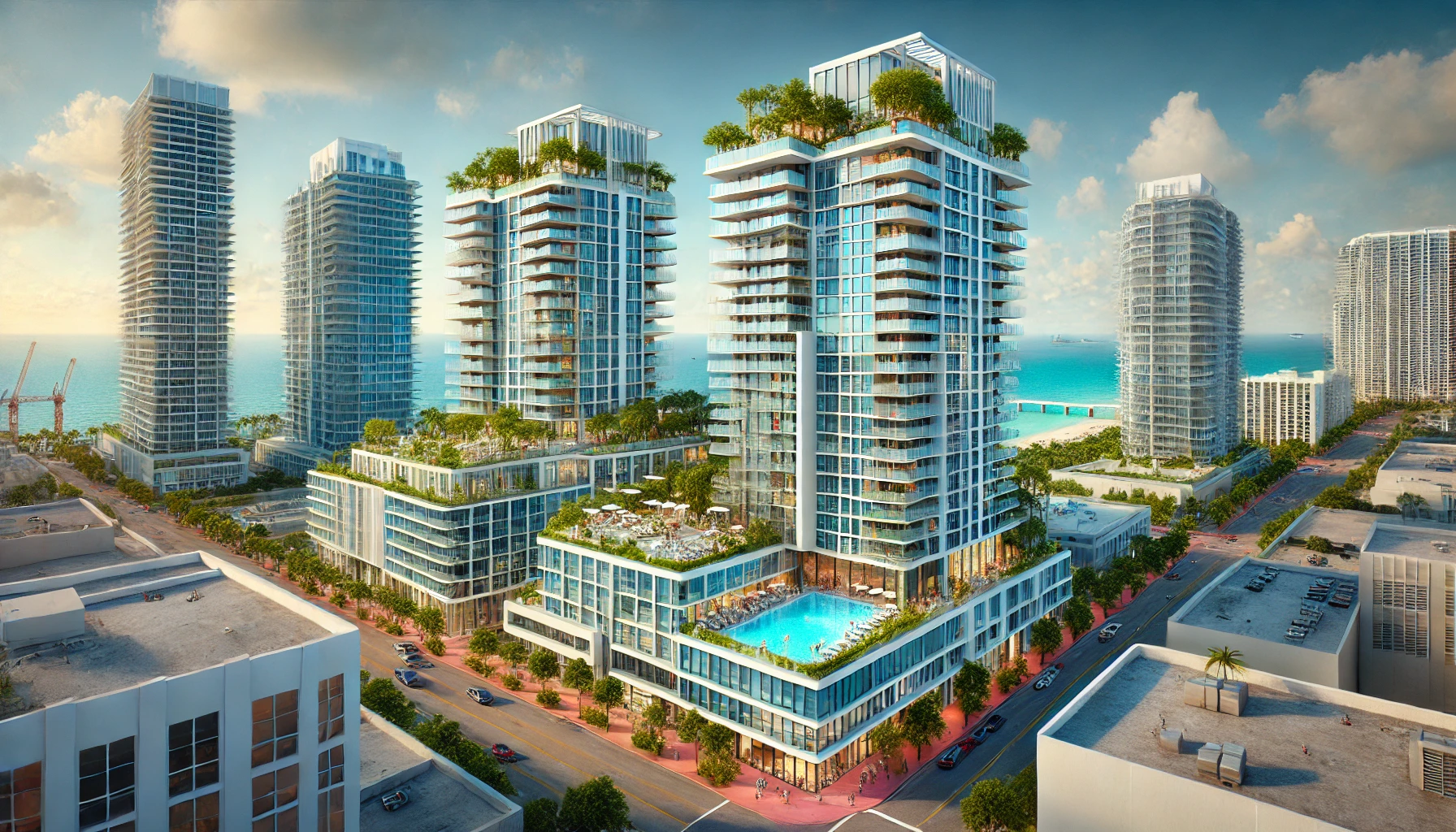 A vibrant Miami skyline showcasing modern high-rise condominiums with luxurious amenities. The scene includes buildings with large glass windows, rooftop pools, and lush green spaces. The background features the ocean and a clear blue sky, highlighting the prime location of the condos. Pedestrians and cyclists are visible, emphasizing the lively urban environment.