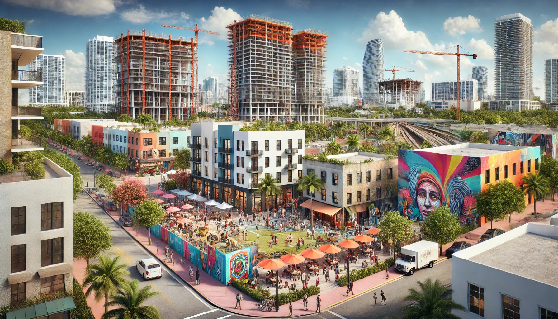 A vibrant Miami neighborhood in transformation, featuring modern developments alongside historic buildings. The scene includes colorful murals, new condos under construction, local cafes, and community parks. The background showcases a mix of old and new architecture, with people enjoying the lively atmosphere. The sky is clear, representing a bright future for the area.