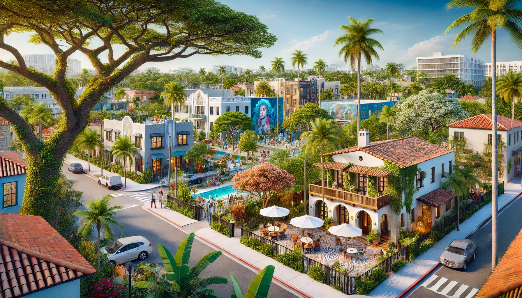  hidden gem neighborhood in Miami featuring a mix of historic and modern homes. The scene includes tree-lined streets, charming Spanish-style bungalows, and contemporary houses. The area has a vibrant, yet peaceful atmosphere with local cafes, art murals, and lush greenery. The background showcases a community park with families and children enjoying the space under a clear blue sky.