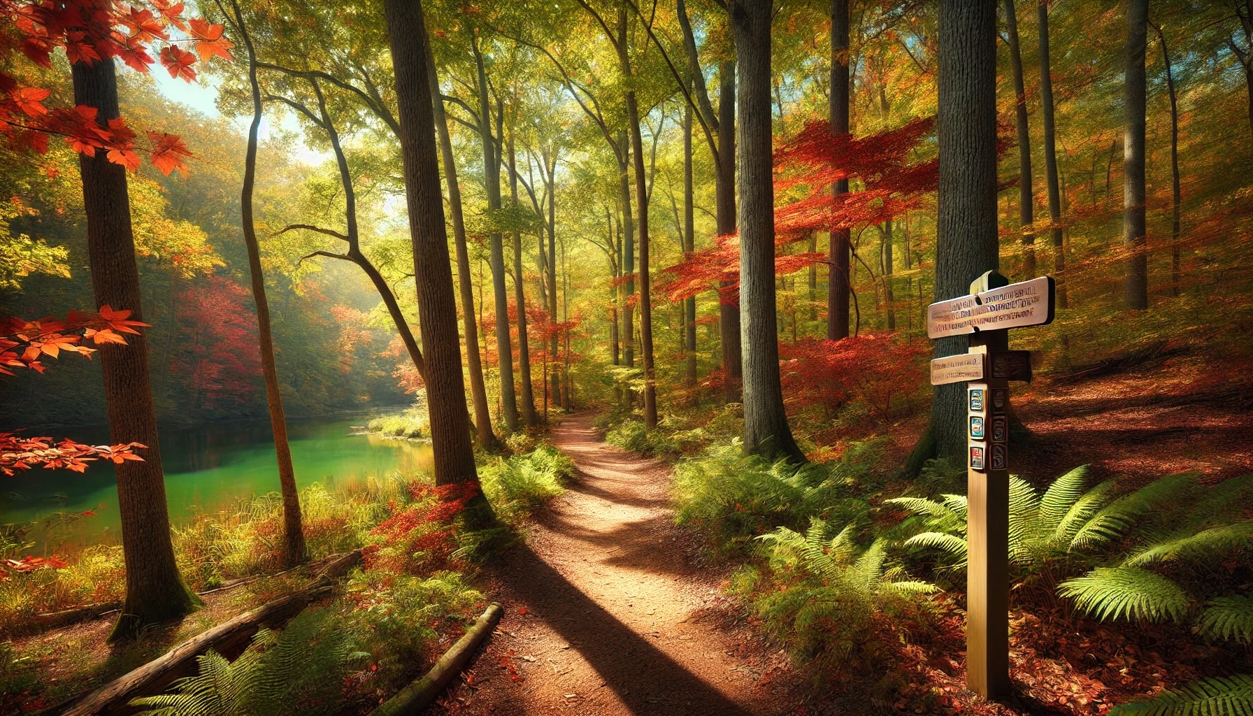 A photorealistic image of a hiking trail in Powhatan, Virginia during early autumn, surrounded by colorful trees with red, orange, and yellow leaves, creating a peaceful and inviting atmosphere.