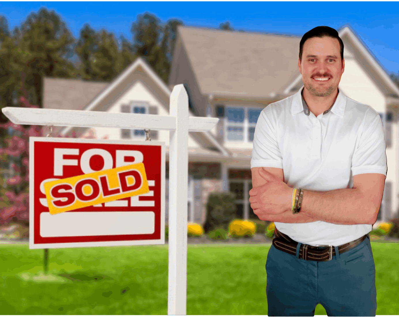 Evan Karam outside of home next to sold sign successfully with multiple offers.