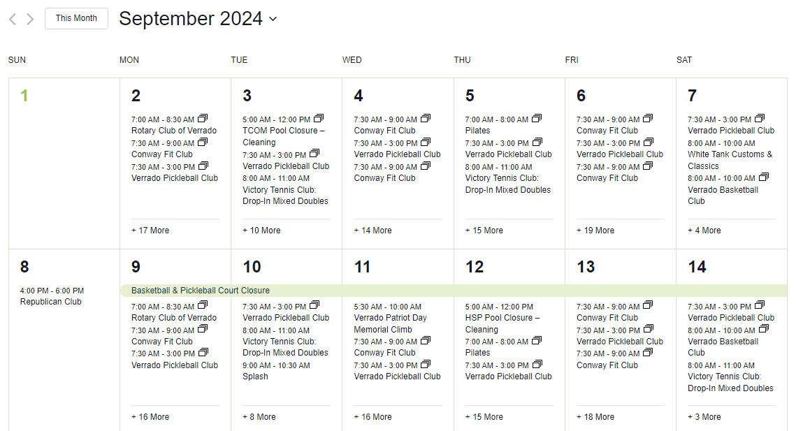 September events calendar for Verrado, AZ, listing various community activities such as farmer's markets, local festivals, fitness classes, and family-friendly events scheduled throughout the month.