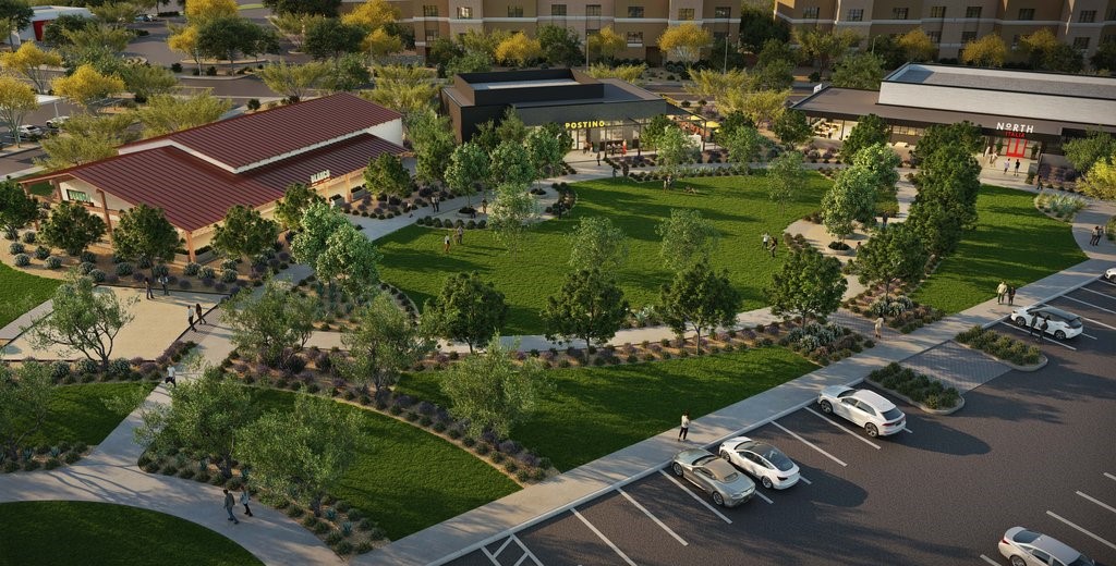 A rendering of The Park at 83 retail development in Peoria, featuring a vibrant community gathering space adjacent to the Peoria Sports Complex. The image highlights the upcoming upscale dining options, including Postino WineCafe, North Italia, and Blanco Cocina + Cantina, each with spacious outdoor patios. The lush park, designed by landscape architect Jeff Berghoff, is central to the $20 million project, emphasizing a trend towards experience-focused dining in the West Valley.