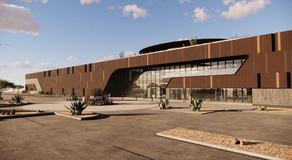 Exterior rendering of the expansive Pure Pickleball & Padel venue in Scottsdale, set on 11.44 acres near the Riverwalk development. The modern facility will feature 48 indoor pickleball courts, padel courts, a championship court, and various amenities including a restaurant, rooftop bar, and childcare. The venue, located on Salt River Pima-Maricopa Indian Community land, is designed as a premier destination for pickleball enthusiasts and future home of Arizona's Major League Pickleball team, AZ Drive.