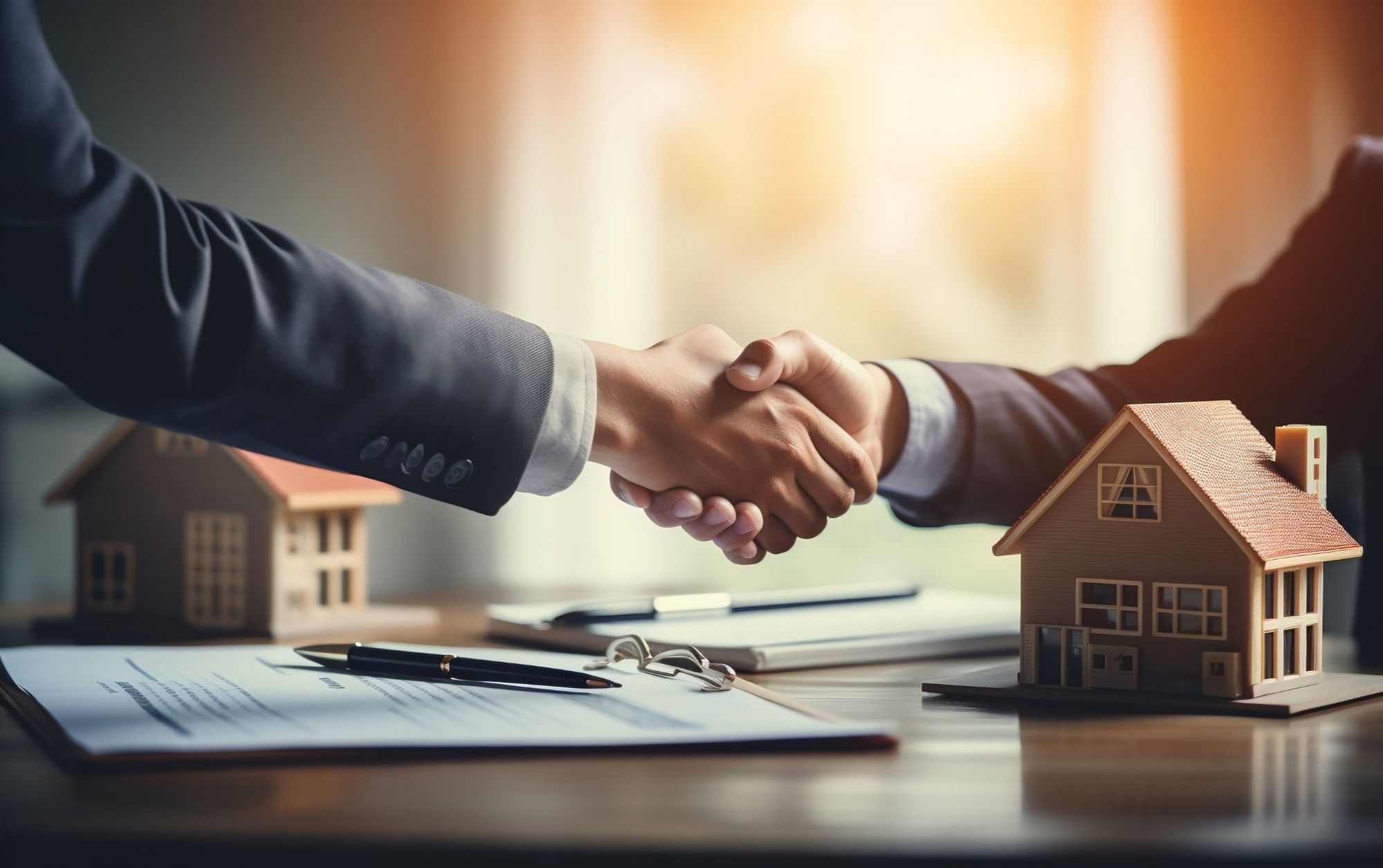 An estate agent shaking hands with a buyer after a successful deal