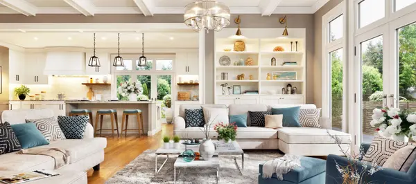 Luxurious interior design living room and white kitchen