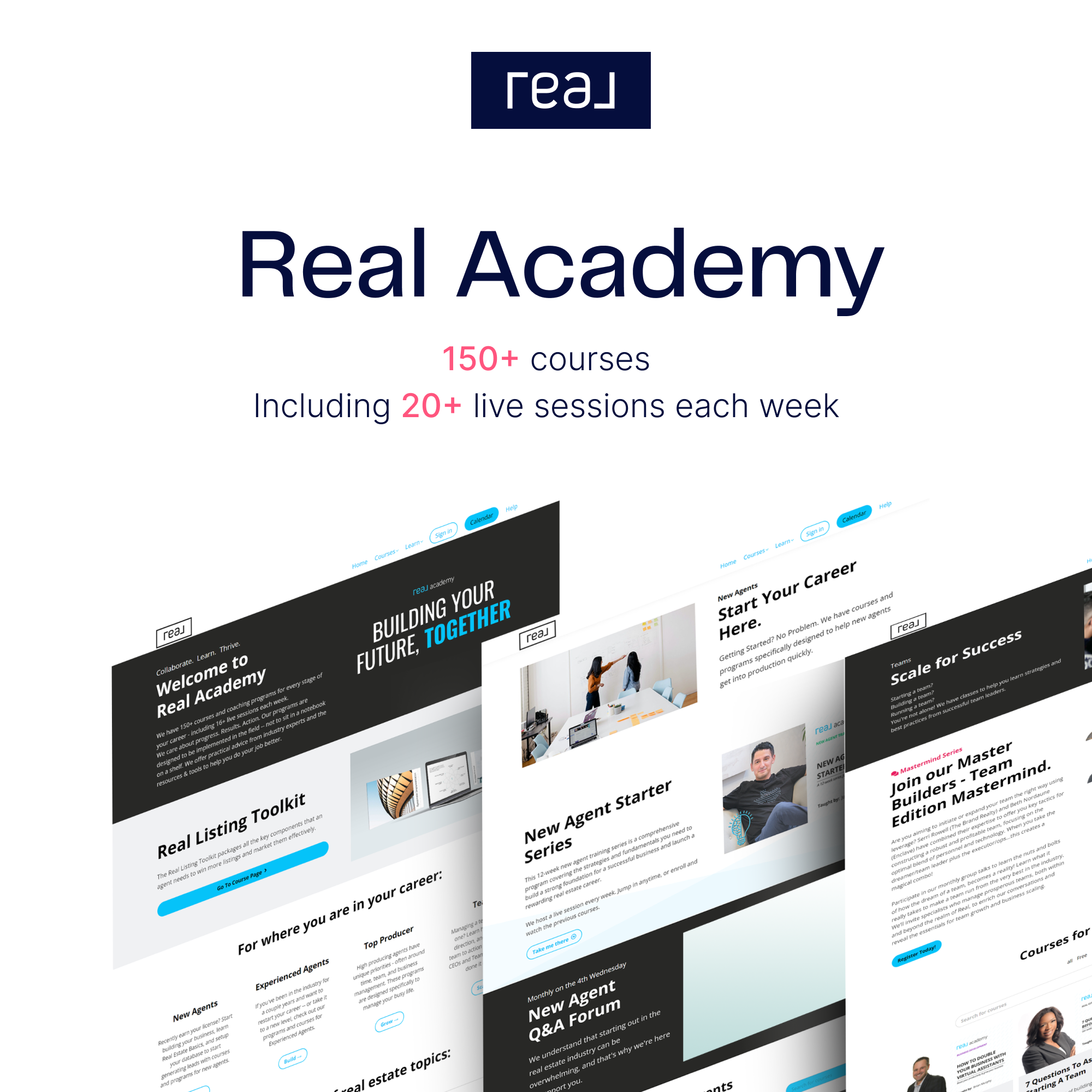 Real Academy, offering over 150+ courses and 20+ live sessions weekly, provides agents with comprehensive training and resources to succeed at Real Broker. The image showcases various course offerings and a user-friendly platform designed for both new and experienced real estate professionals. Ideal for anyone searching for Real Broker’s educational opportunities and professional development programs.