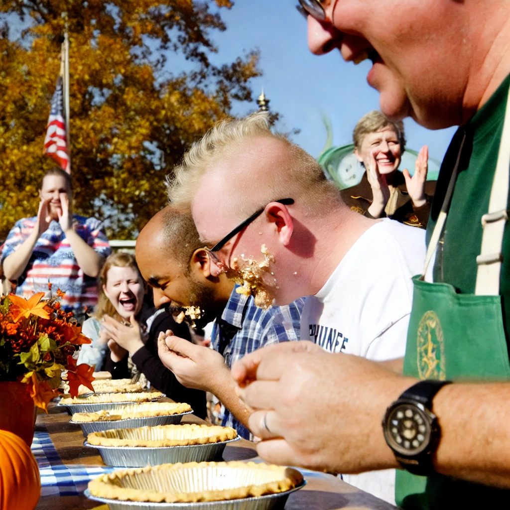 A close-up shot of a pie-eating contest at the Dahlonega Gold Rush Days Festival 2024 The scene shows contestants seated at a table covered with pies