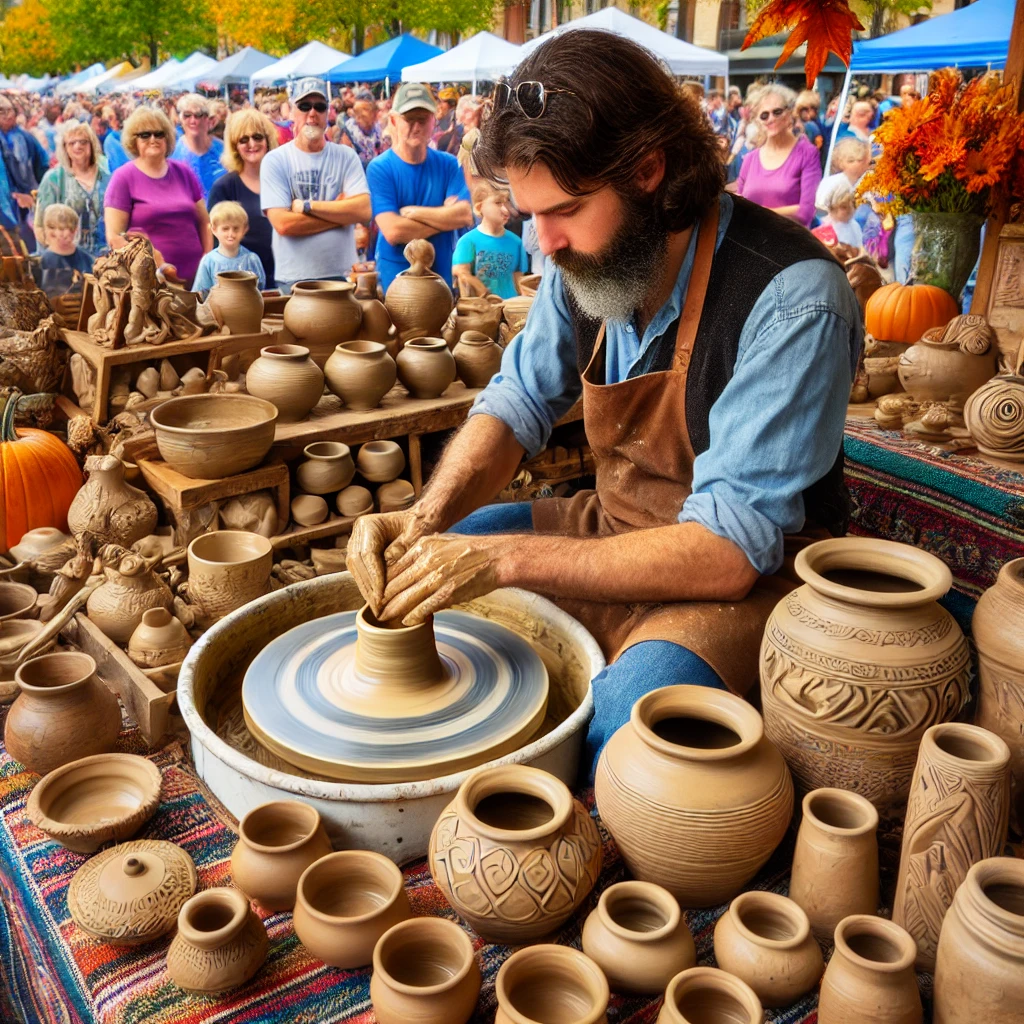 A close-up shot of a vibrant artisan booth at the Dahlonega Gold Rush Days Festival showing a skilled craftsman demonstrating pottery making