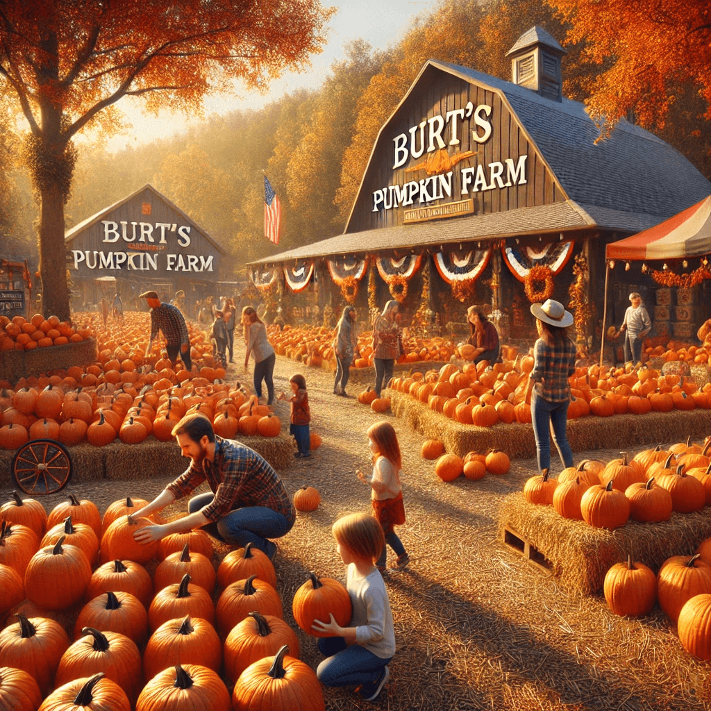a family visiting Burt's Pumpkin Farm in Dawsonville, Georgia, during the fall season