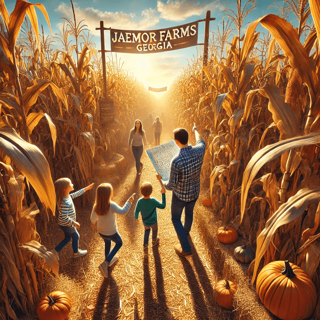 a family navigating a large corn maze at Jaemor Farms, Georgia, during the fall season