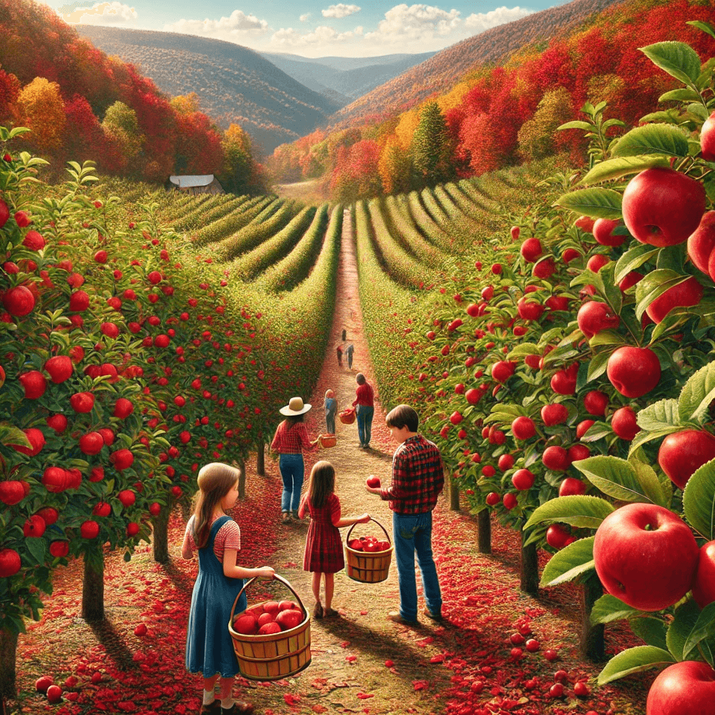 apple orchard in Ellijay, Georgia, during fall. The scene captures families walking through rows of apple trees