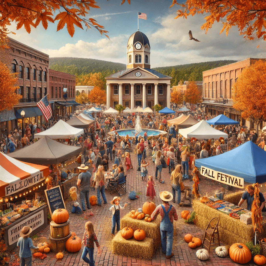 fall festival in Dahlonega, Georgia, featuring festive booths with local crafts and food vendors, pumpkins, hay bales