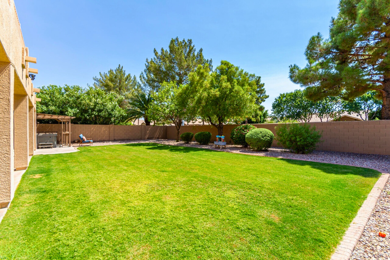 Spacious backyard of a luxury home in Augusta Ranch, Mesa, AZ, featuring a large open area with lush greenery, perfect for future additions like a pool or an ADU, offering ample outdoor space for relaxation or entertaining.