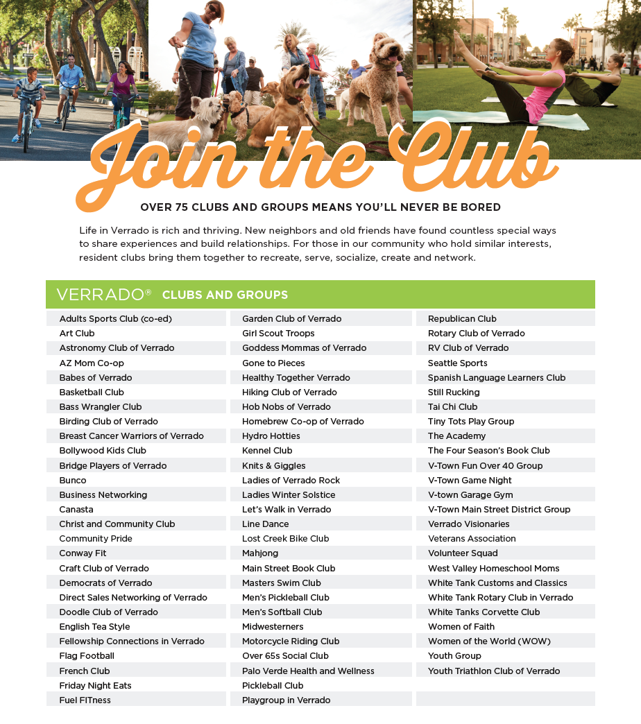 A list of clubs in Verrado, including a variety of social, fitness, and hobby groups. The image showcases clubs such as the Verrado Running Club, Verrado Golf Club, Wine Club, Book Club, Fitness Club, Gardening Club, and a Photography Club. Each club offers unique activities and opportunities for residents to engage with the community.