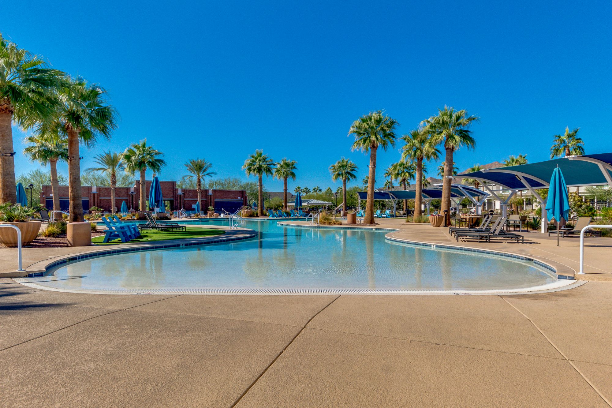 Image of the Heritage community pool in Verrado, Arizona. The pool is surrounded by lush green landscaping and palm trees, with a clear blue sky above. Comfortable lounge chairs line the pool deck, offering a serene and inviting atmosphere for relaxation. The pool area reflects the community's commitment to providing a family-friendly and luxurious environment for residents.