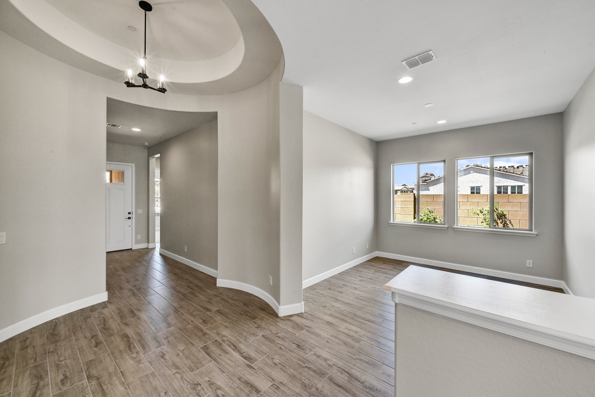 View of a modern new home interior upon entering through the front door, showcasing a wood-look tile floor that extends through the spacious entryway. The design features clean lines, neutral colors, and ample natural light, creating a warm and inviting atmosphere.