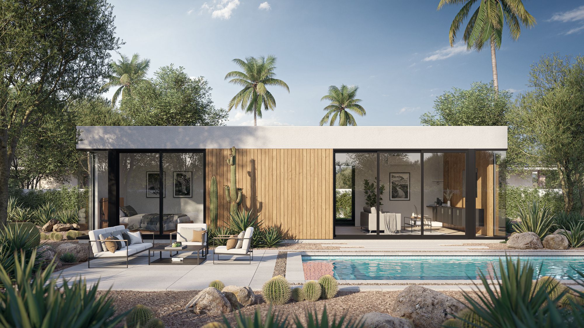 Modern exterior rendering of an Accessory Dwelling Unit (ADU) in Arizona featuring a sleek design with natural wood paneling and large floor-to-ceiling glass windows. The ADU is surrounded by desert landscaping with cacti, agave, and rocks, complementing the outdoor seating area and a pool. Palm trees and clear skies provide a serene backdrop, highlighting the seamless blend of indoor and outdoor living spaces in this Arizona ADU.