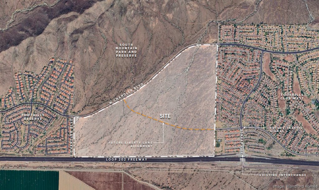 Map showing the location of Upper Canyon in Ahwatukee, the last major development by Blandford Homes. The map highlights the area where 1,050 homes and 479 rentals will be constructed as part of the new development.