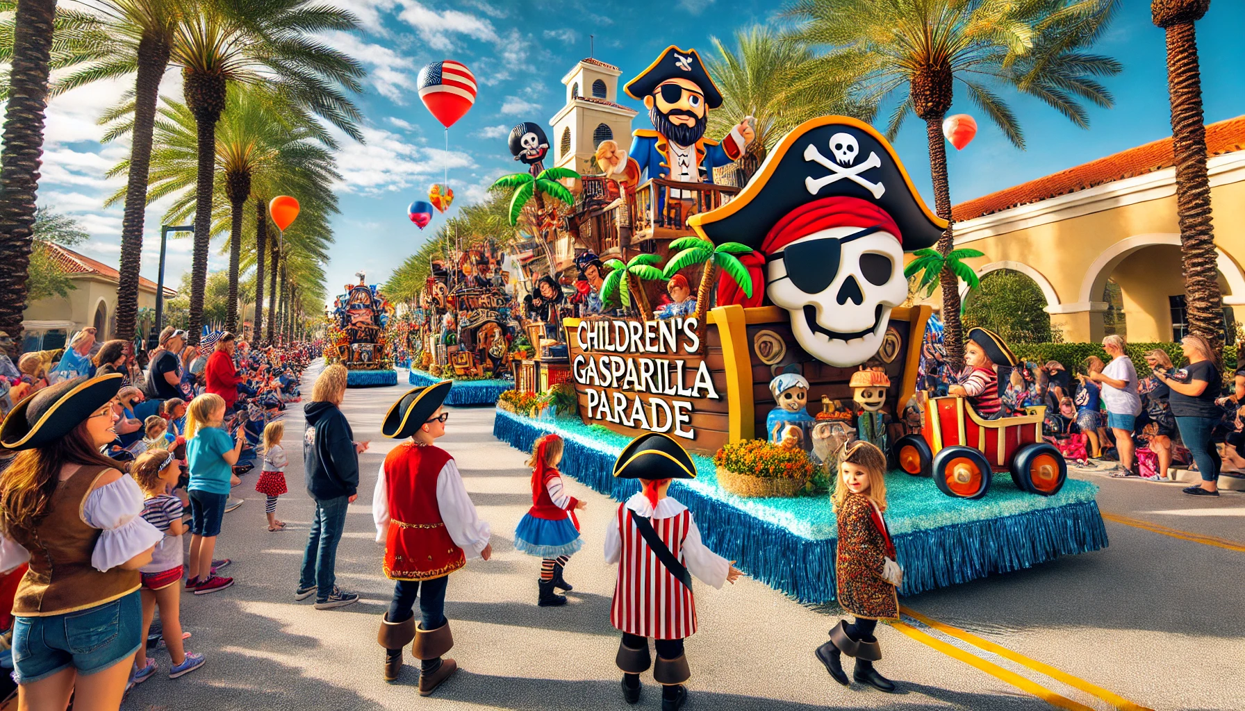 A family-friendly pirate-themed event with children dressed as pirates, colorful floats, and a festive atmosphere under sunny skies on a palm-lined street