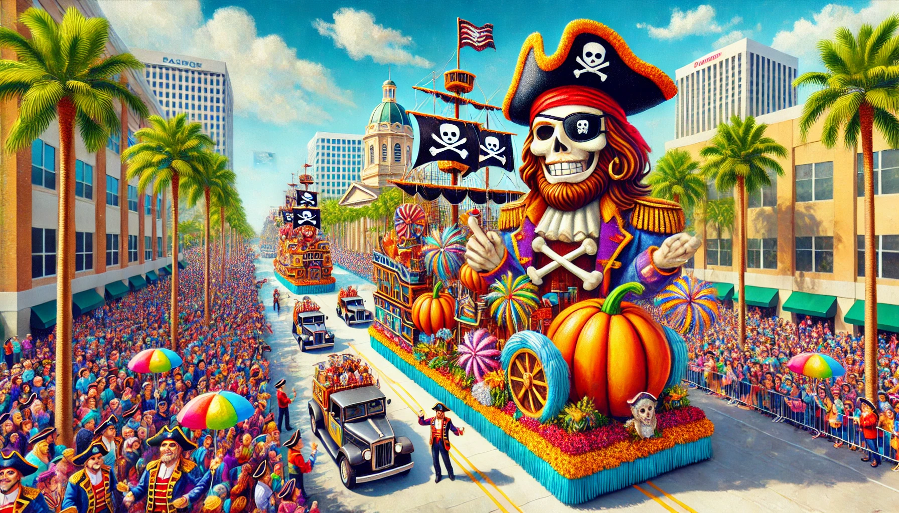 A vibrant pirate-themed parade with colorful floats, lively crowds, and a pirate ship in the background, set against a clear blue sky with palm trees in the backdrop