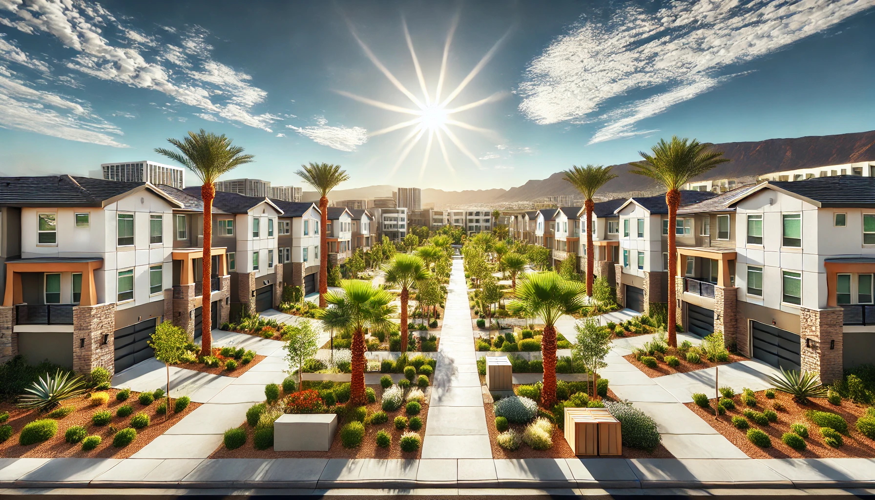 A modern multifamily property in Las Vegas with well-maintained landscaping and desert-friendly plants, showcasing the strong demand for rental housing in this thriving market.