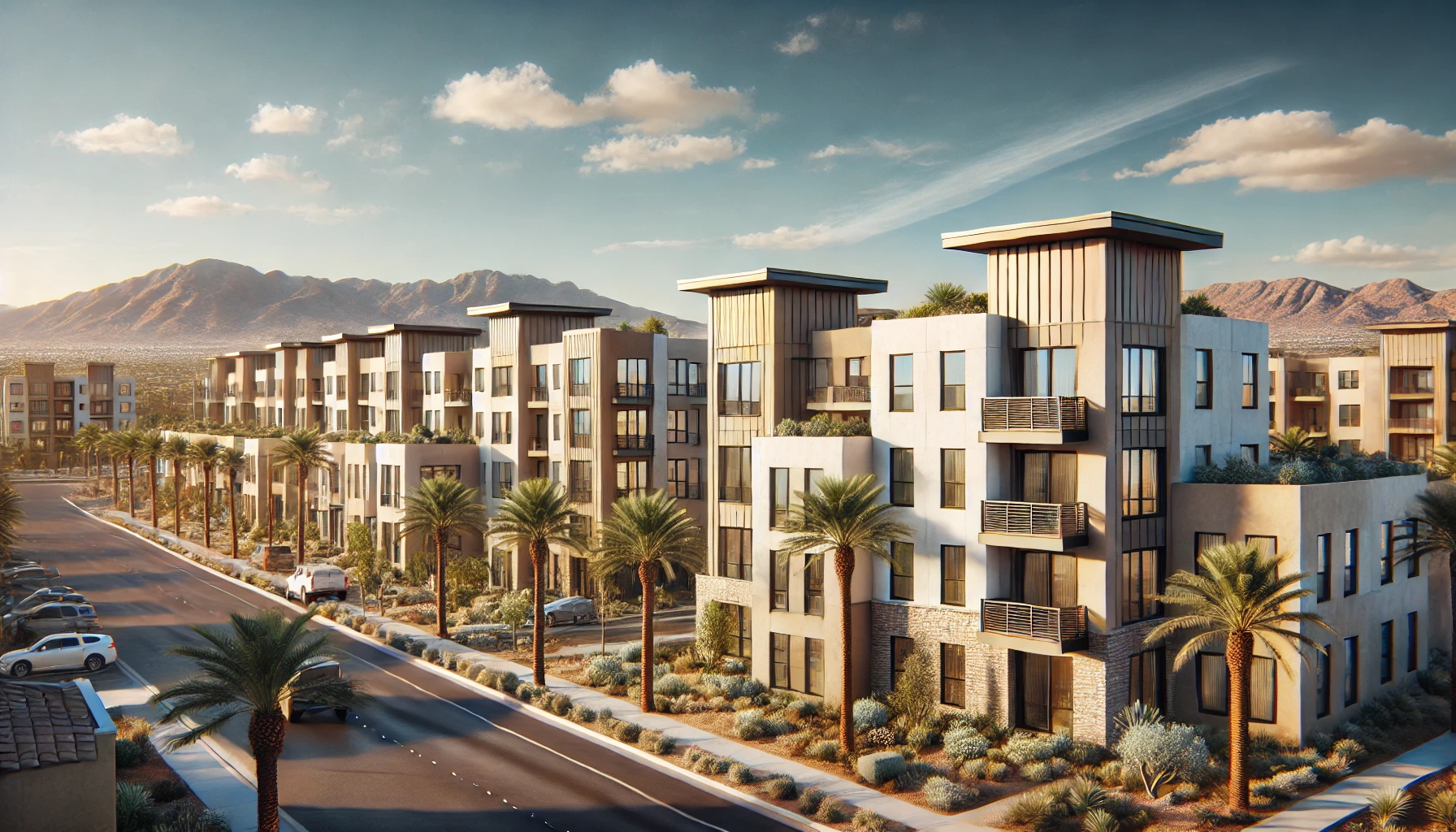A realistic depiction of modern multifamily apartment complexes in Las Vegas, featuring desert-style architecture, stucco exteriors, palm trees, and desert landscaping under clear blue skies.