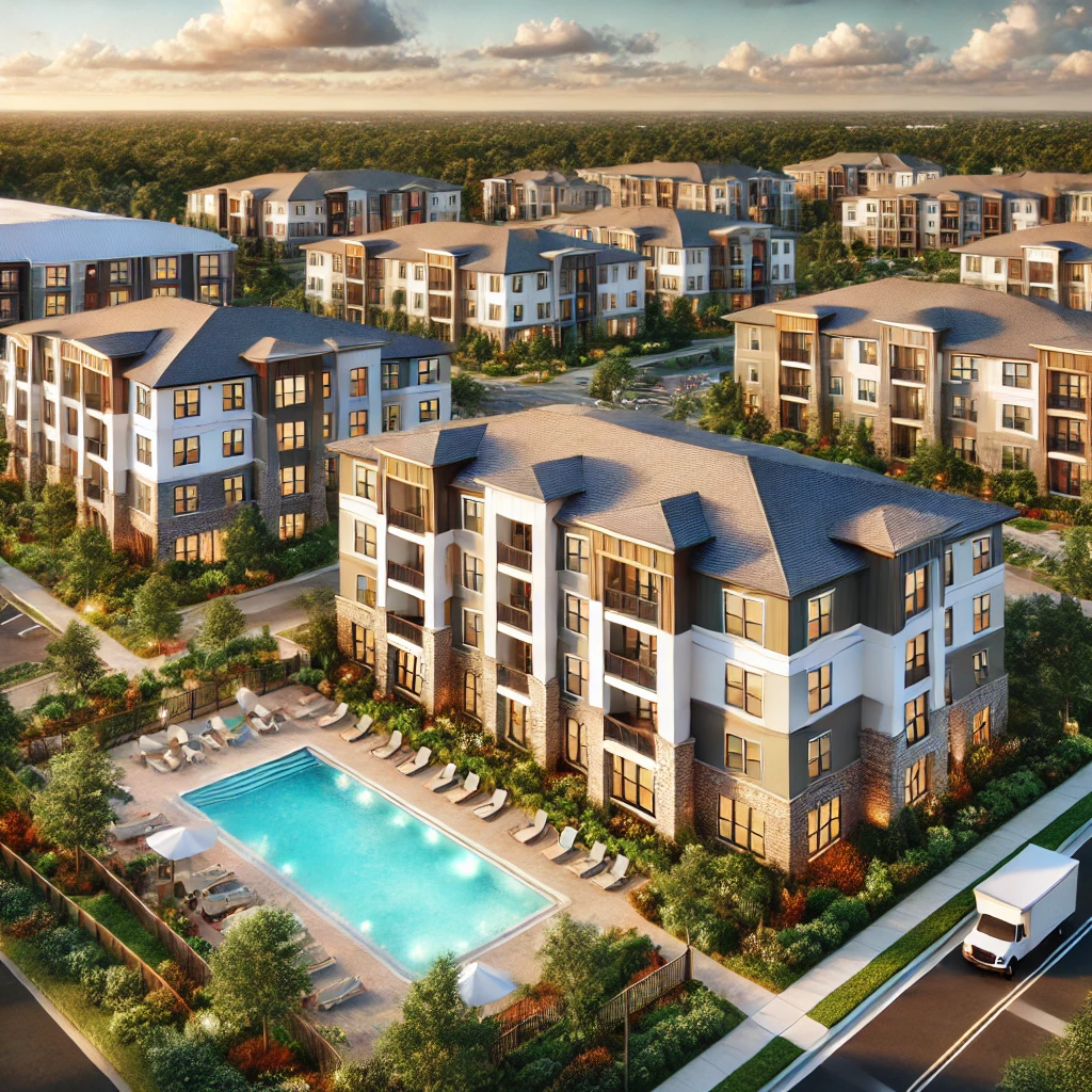 Here is the image showcasing a modern apartment complex in Wesley Chapel, Florida.