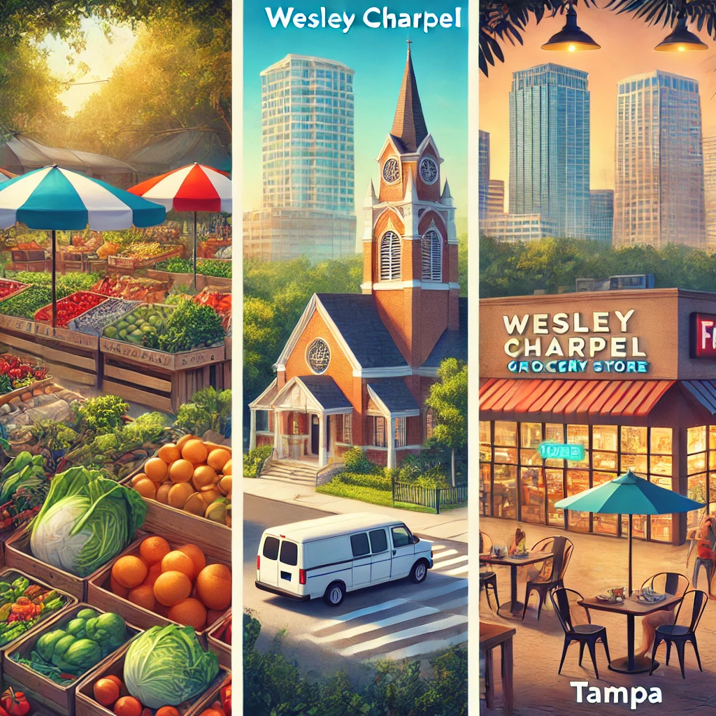 Here is the image illustrating the comparison of grocery and food options in Wesley Chapel and Tampa, Florida. 