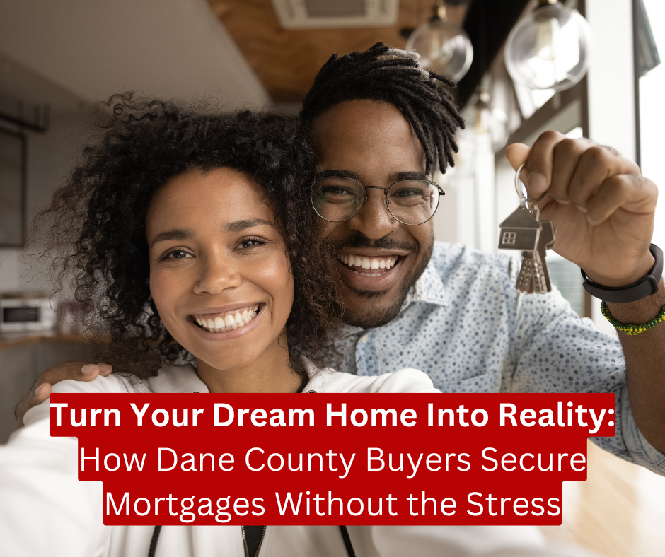 Two smiling homeowners celebrating after closing on their dream home, holding the keys inside their new home, with bright natural light and modern decor in the background.