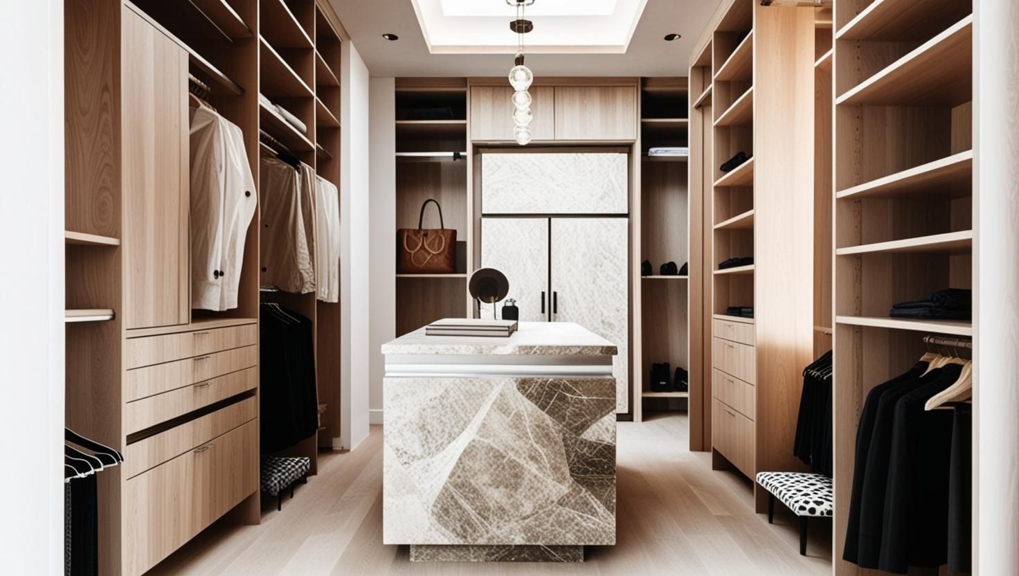 Trendy Walk In Closet with Stone Counter