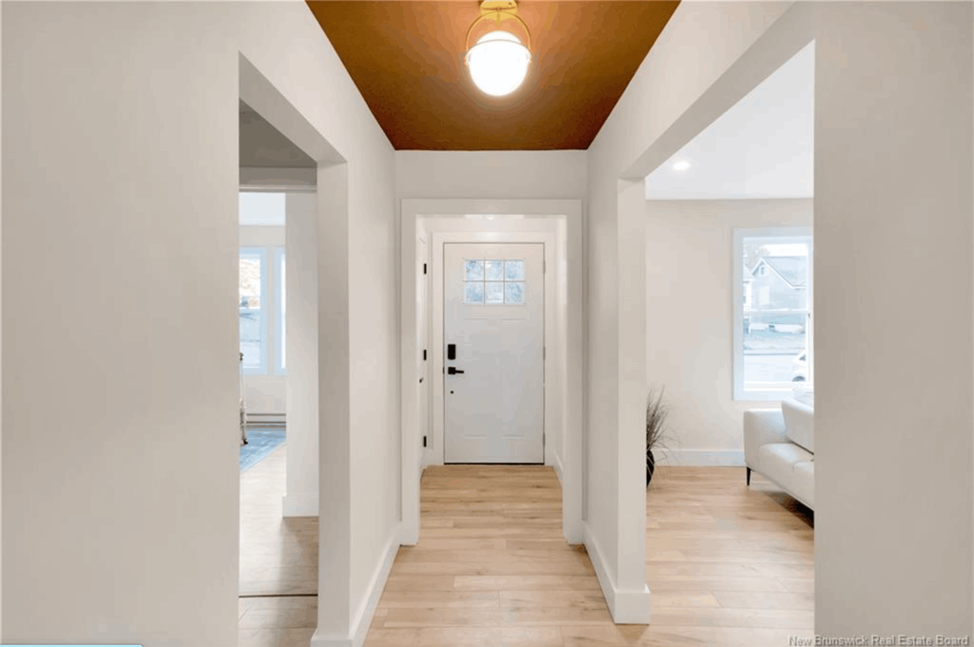 Trendy interior door with statement ceiling